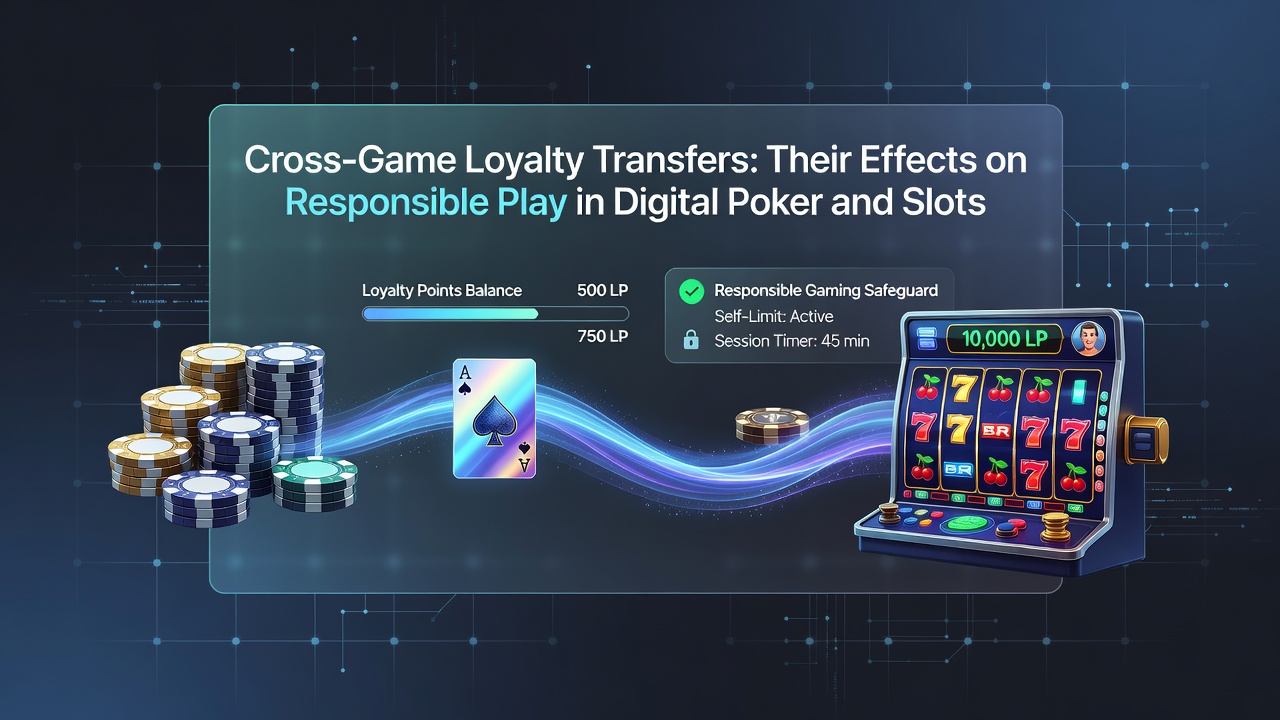 Digital poker table and slot reels showing loyalty point transfers between games on a mobile interface