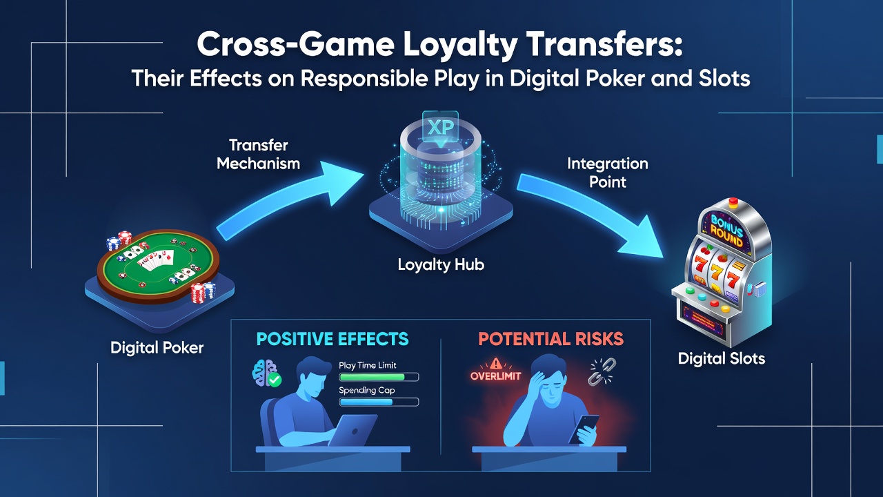 Mobile screen displaying loyalty balance transfer between poker and slots with responsible gaming controls visible