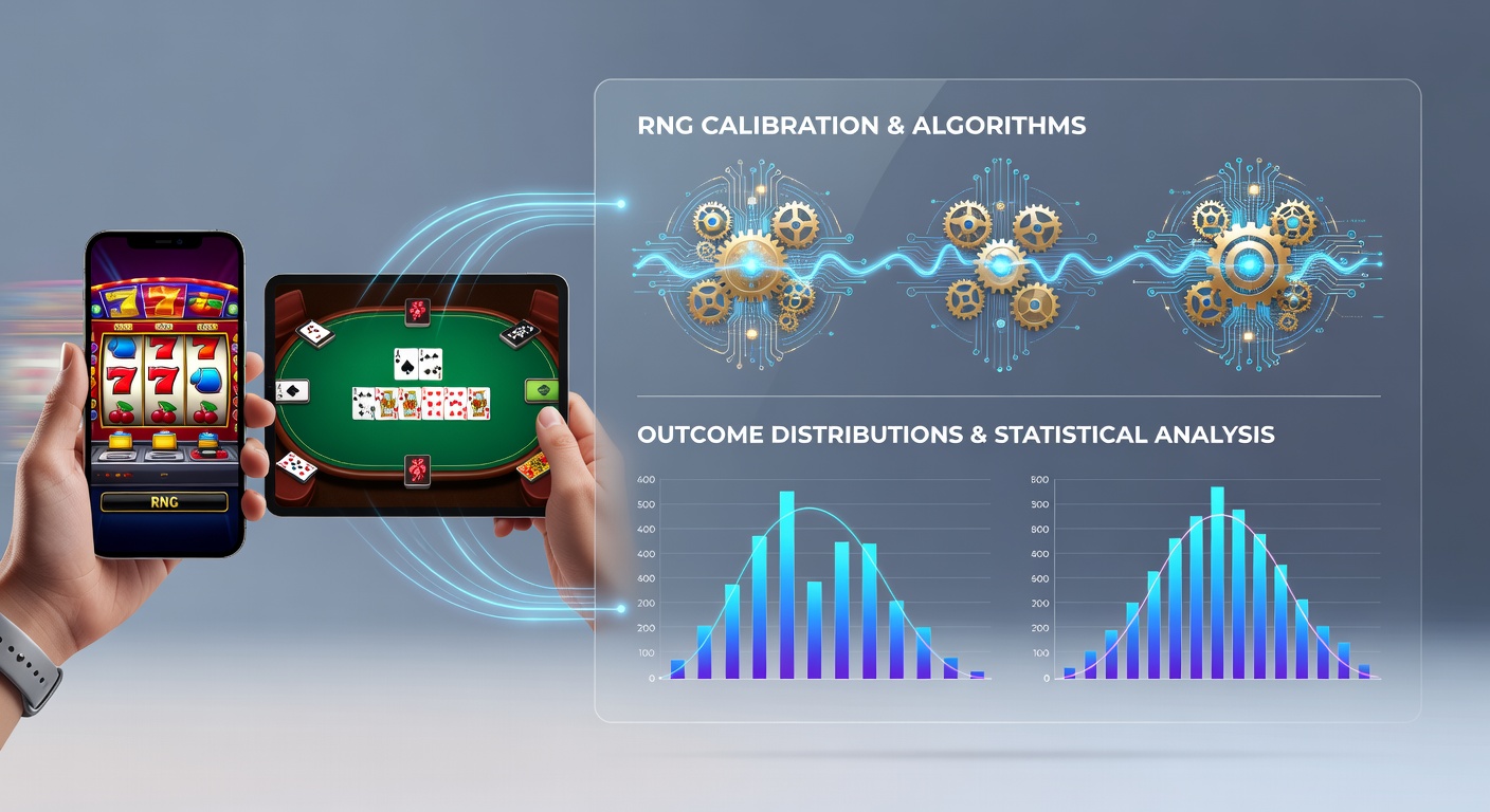 RNG calibration interface displayed on a mobile gaming device showing reel spin distributions and probability graphs