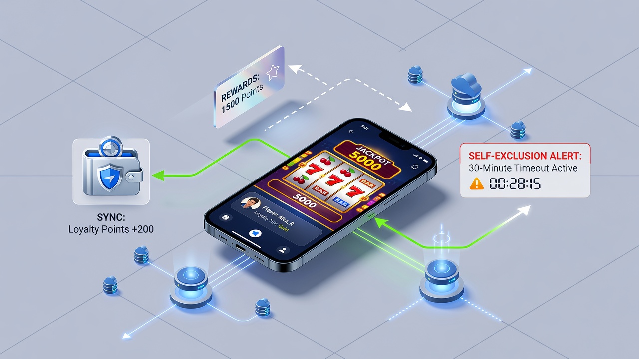 Mobile slot game screen showing synced loyalty rewards paused due to active self-exclusion alert