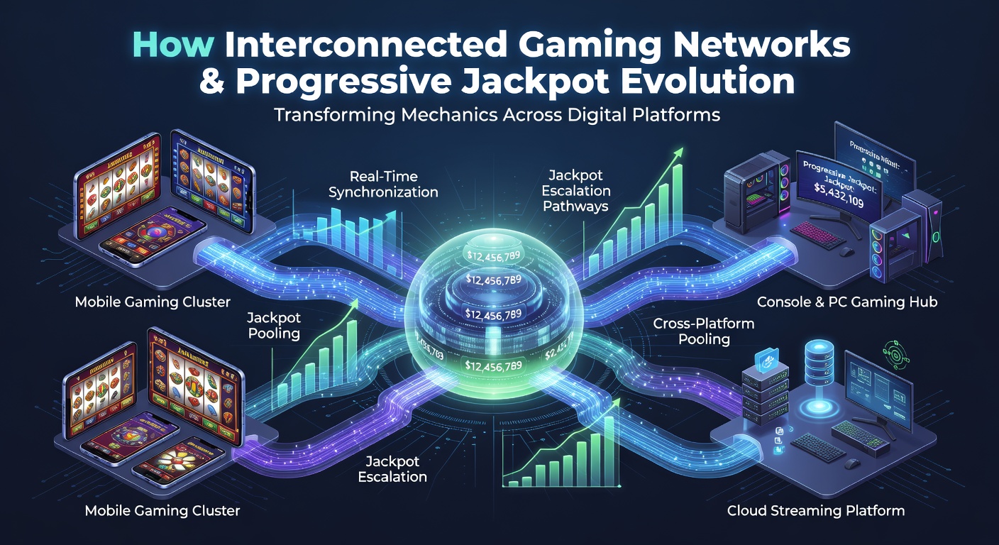 Illustration of interconnected gaming networks linking progressive jackpot pools across multiple digital casino platforms in real time