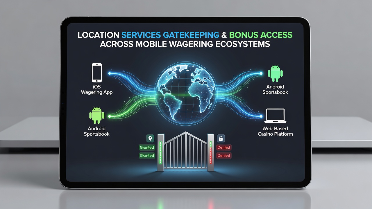 Map overlay illustrating geo-fenced bonus regions on a smartphone wagering dashboard