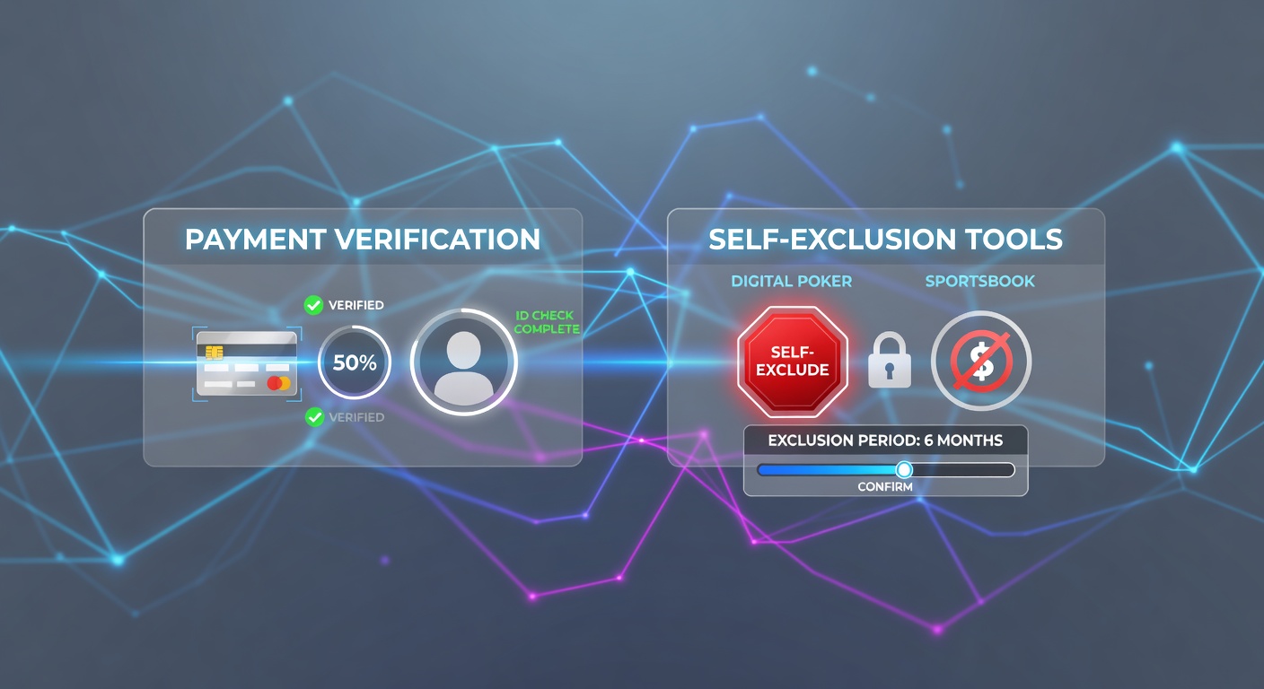 Digital interface showing payment verification and self-exclusion tools in online poker and sportsbook platforms