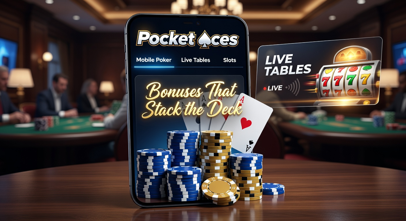 Vibrant mobile poker interface on Pocket Aces showing a hand of aces with live table previews in the background