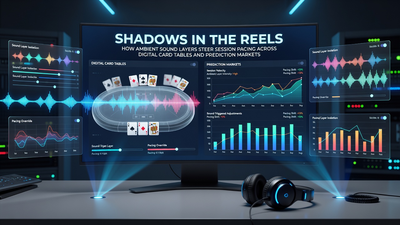 Digital card table interface with layered ambient sound visualization showing subtle audio cues during gameplay