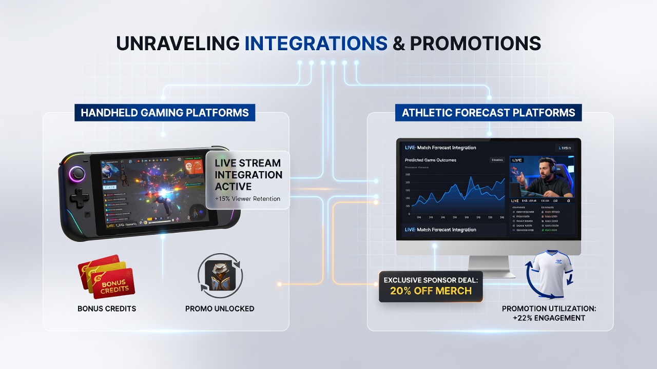 Live stream integration dashboard on a mobile gaming device showing real-time athletic forecasts and active promotions